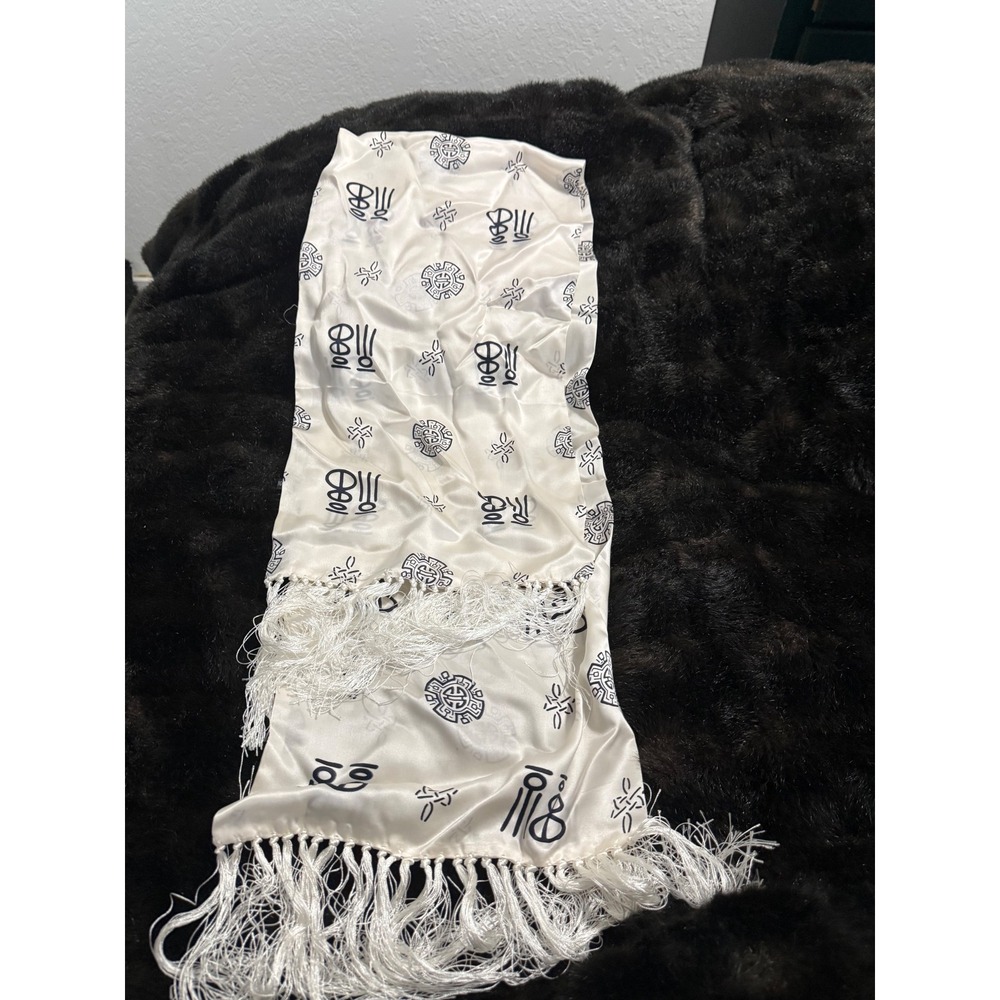 Cream Silk Scarf Black Asian Symbol Calligraphy Print Fringe Trim Wrap